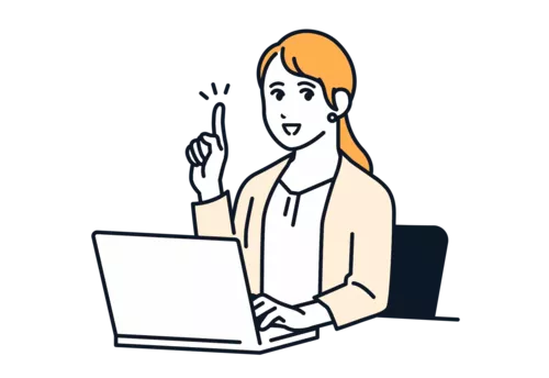 Einfaches Vektorillustrationsmaterial einer Frau im Anzug, die Punkte erklärt, während sie einen Laptop bedient.